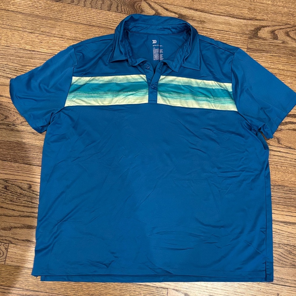 all in motion Blue Polo with Green and White Stripes